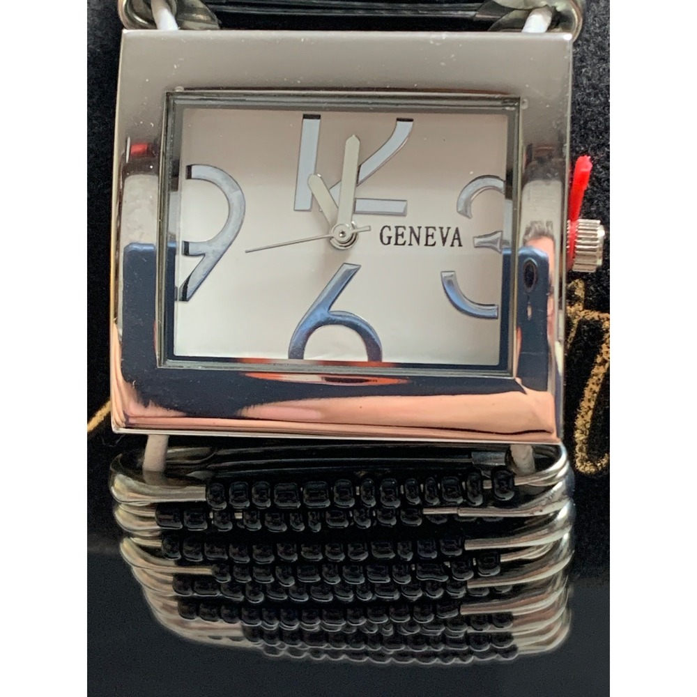 Geneva Womens Safety Pin Seed Bead Stretch Bracelet Watch Silver Black New 1545